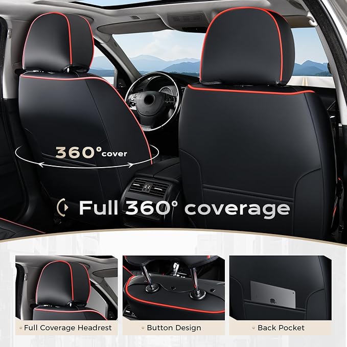 Coverado Full Set Car Seat Covers, Luxury Faux Leather Waterproof Seat Covers, 5-Seat Universal Fit, Front & Back Car Seat Protectors,Leather Seat Covers for Most Cars-Black & Red Line