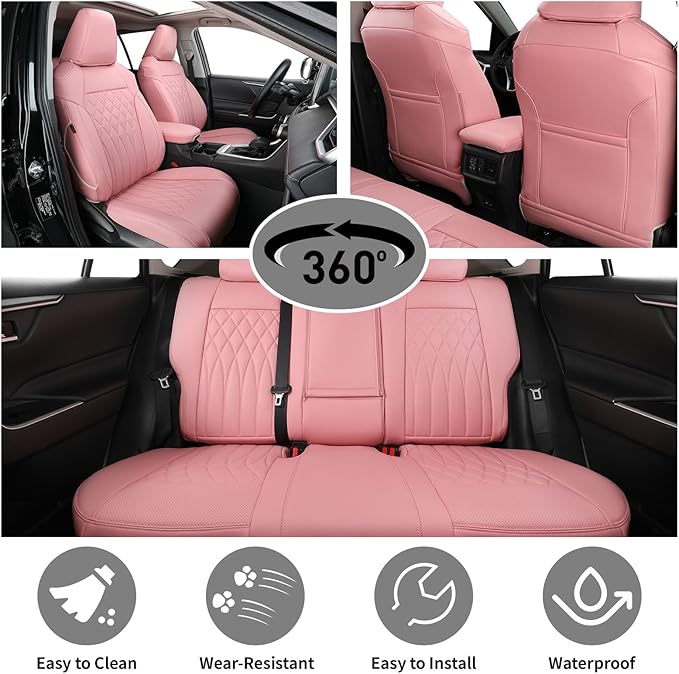 EKR Rav4 Seat Covers Custom Fit for Toyota Rav4 2021-2024 Prime SE,XSE & 2019-2025 Hybrid/PHEV SE,XSE, Leather Pink Seat Cover Full Set for Women,Faux Leather(Pink)