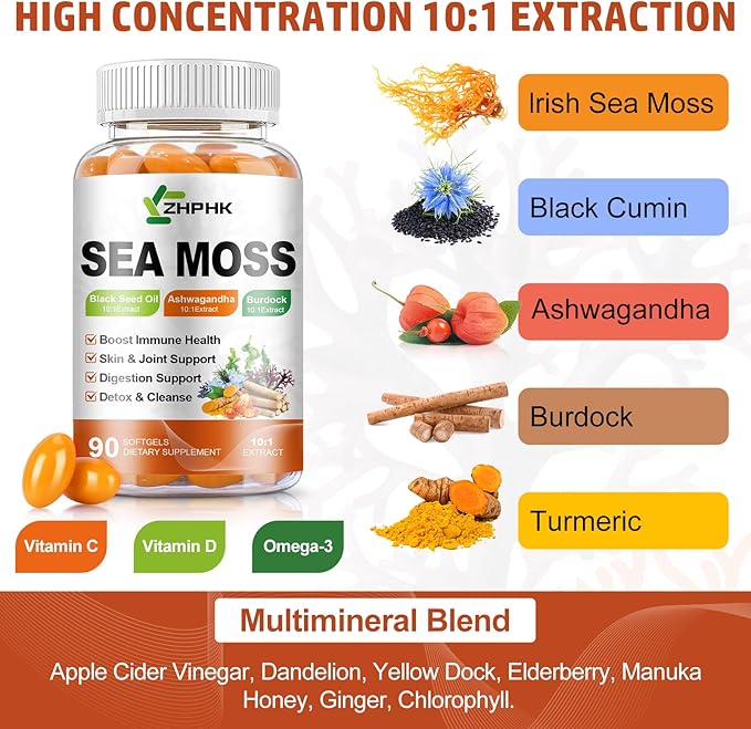 Organic Sea Moss Softgels with Black Seed Oil, Ashwagandha, Burdock, Turmeric, Elderberry, Omega 3 for Immune System, Skin, Joint, Energy, Gut Support 90-Count, 45 Days Supply