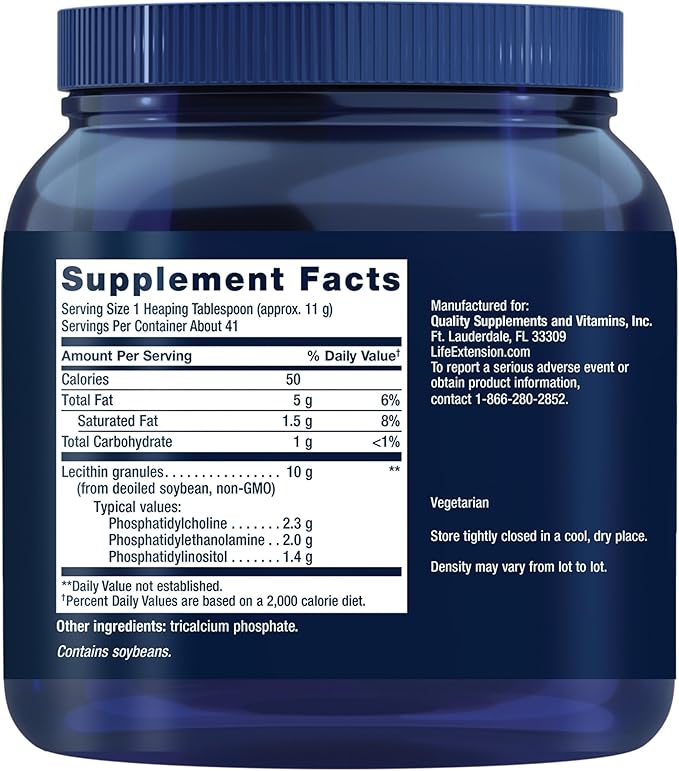 Life Extension Lecithin, Promotes Healthy Cell Structure and Function in The Brain, Gluten Free, Non-GMO, Vegetarian, 454 Grams