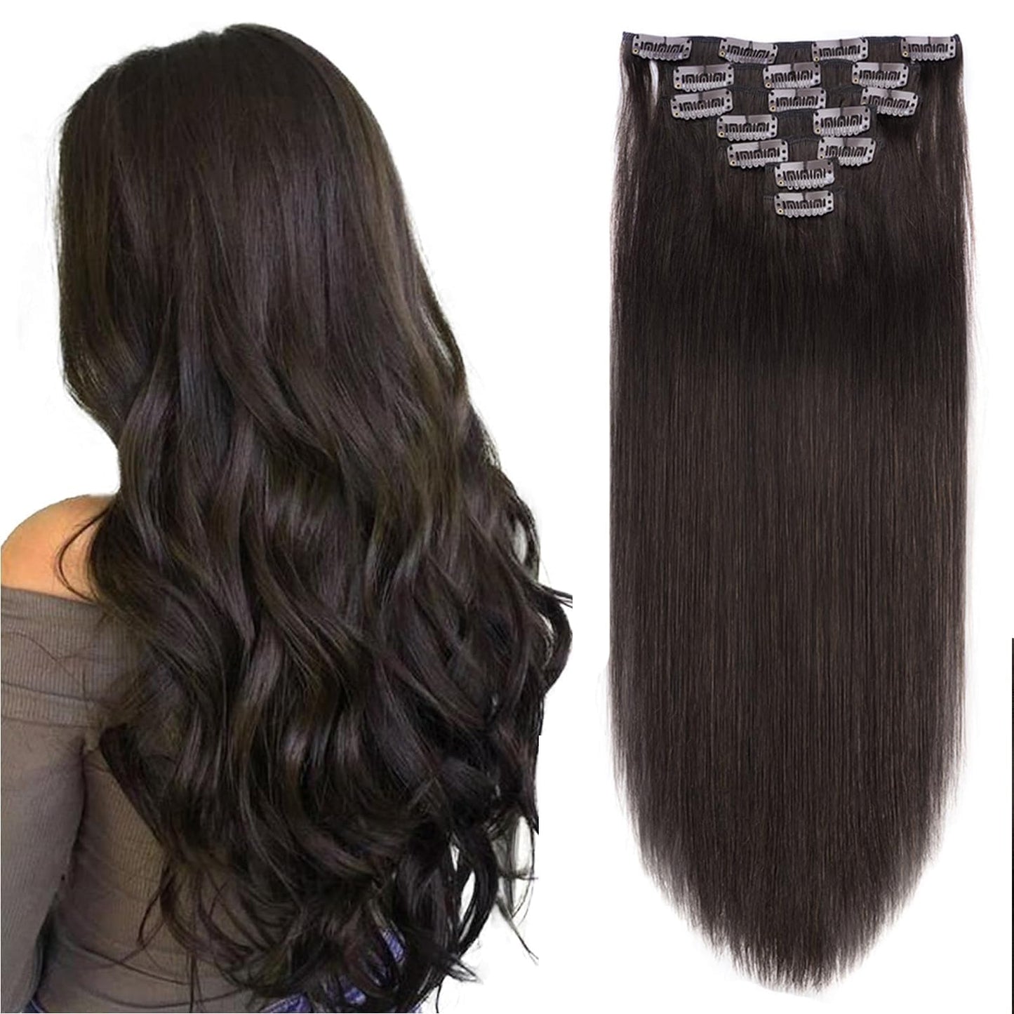 16 Inch Clip In Hair Extensions Real Human Hair 130G 7 Pieces 16 Clips #2 Dark Brown Hair Extensions Double Weft Human Hair Clip