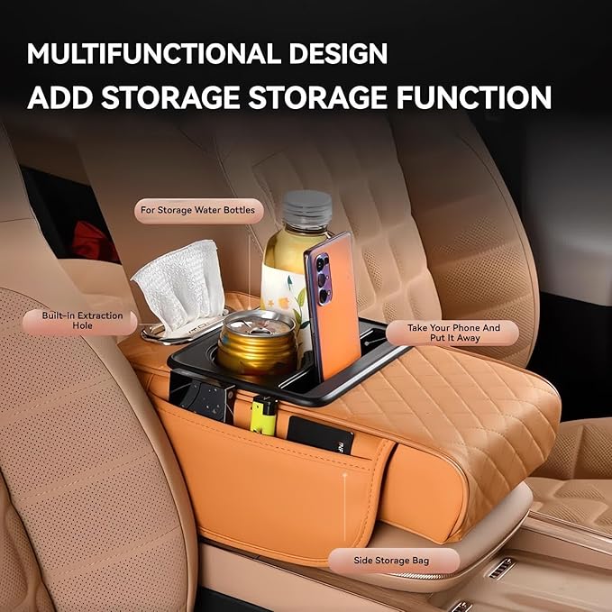 Multifunctional PU Leather Car Armrest Box Mat, 5-in-1 Multifunctional Car Armrest Cushion, Center Console Cover with 2 Cup Holder, For Storing Tissues, Phones, Wallets, Drinks, for Most Cars (Gray)