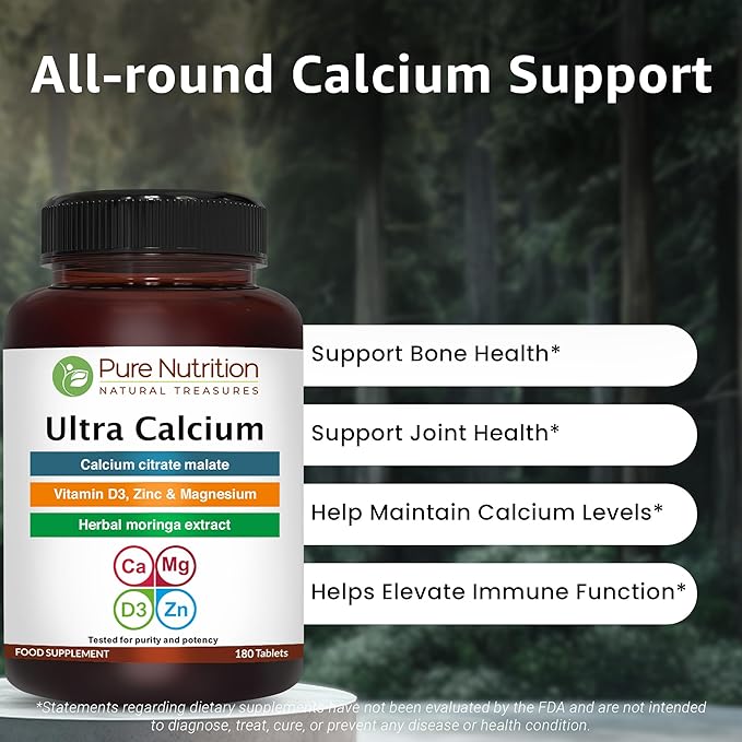 Pure Nutrition Ultra Calcium Citrate 1000mg Highly absorbable Calcium Supplement with Calcium Citrate Malate, Vitamin D, Zinc and Magnesium - 1 Tablet Daily (180 Veg Tabs) Non-GMO | Gluten-Free