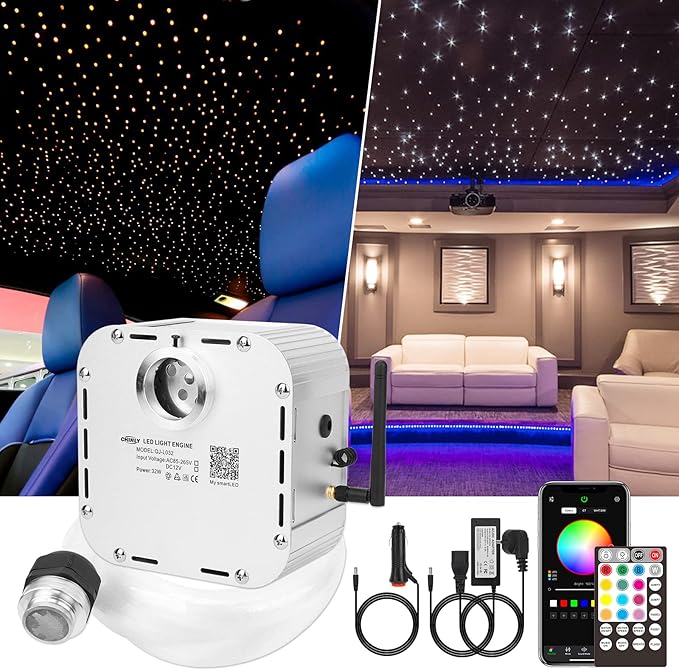 CHINLY 32W Twinkle 1000pcs 13.1ft 0.03in Starlight Headliner Fiber Optic Lights kit, Music Mode Bluetooth APP Control Remote, RGBW Star roof Lights for Star Headliner/Home Theater/Pool Ceiling