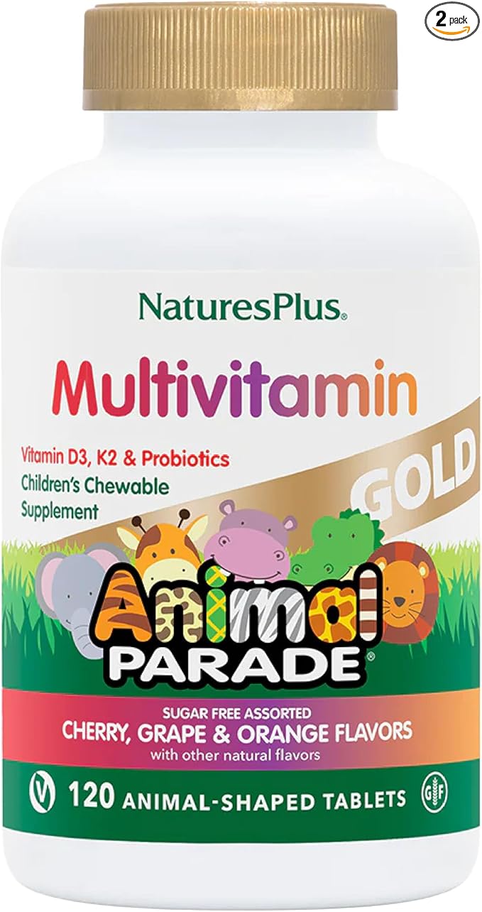 NaturesPlus Animal Parade Gold Children's Multivitamin - Assorted Cherry, Orange & Grape Flavors - 120 Animal-Shaped Chewable Tablets, Pack of 2 - Vegan, Gluten Free - 120 Total Servings
