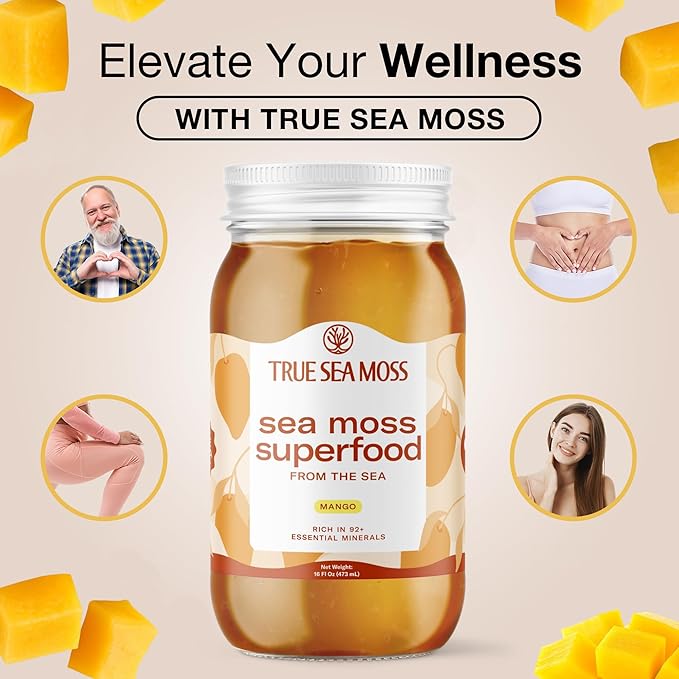 TrueSeaMoss Sea Moss Gel – Made in USA – Wildcrafted Seamoss, Fresh Fruits & Sea Vegetables – Mango, Pack of 2 (Labels may Vary)