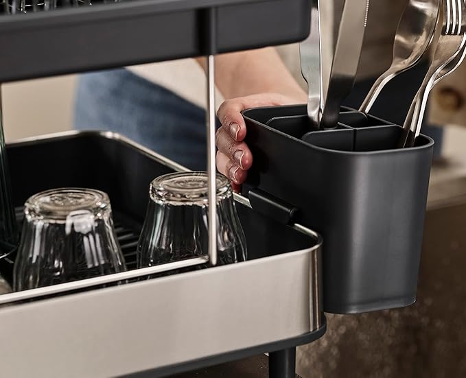 Joseph Joseph Dish Drying Rack with Wine Glass Holder - Space-Saving 2-Tier Design with Fast Draining System