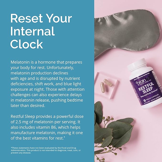BRAINMD Restful Sleep - 60 Vegan Capsules - Supports Brain & Body Renewal - with Melatonin, Valerian Extract, GABA & Magnesium - Non-Habit Forming - 30 Servings