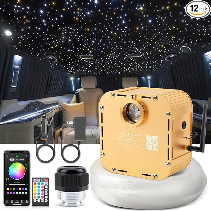 32W Twinkle Starlight Headliner Kit, 800pcs*0.03in*13.1ft LED Fiber Optic Lights Kit, Star Ceiling Light+10 Crystals+Adapter+Cigarette Lighter for Car Roof/Home with APP/Remote/Music Mode