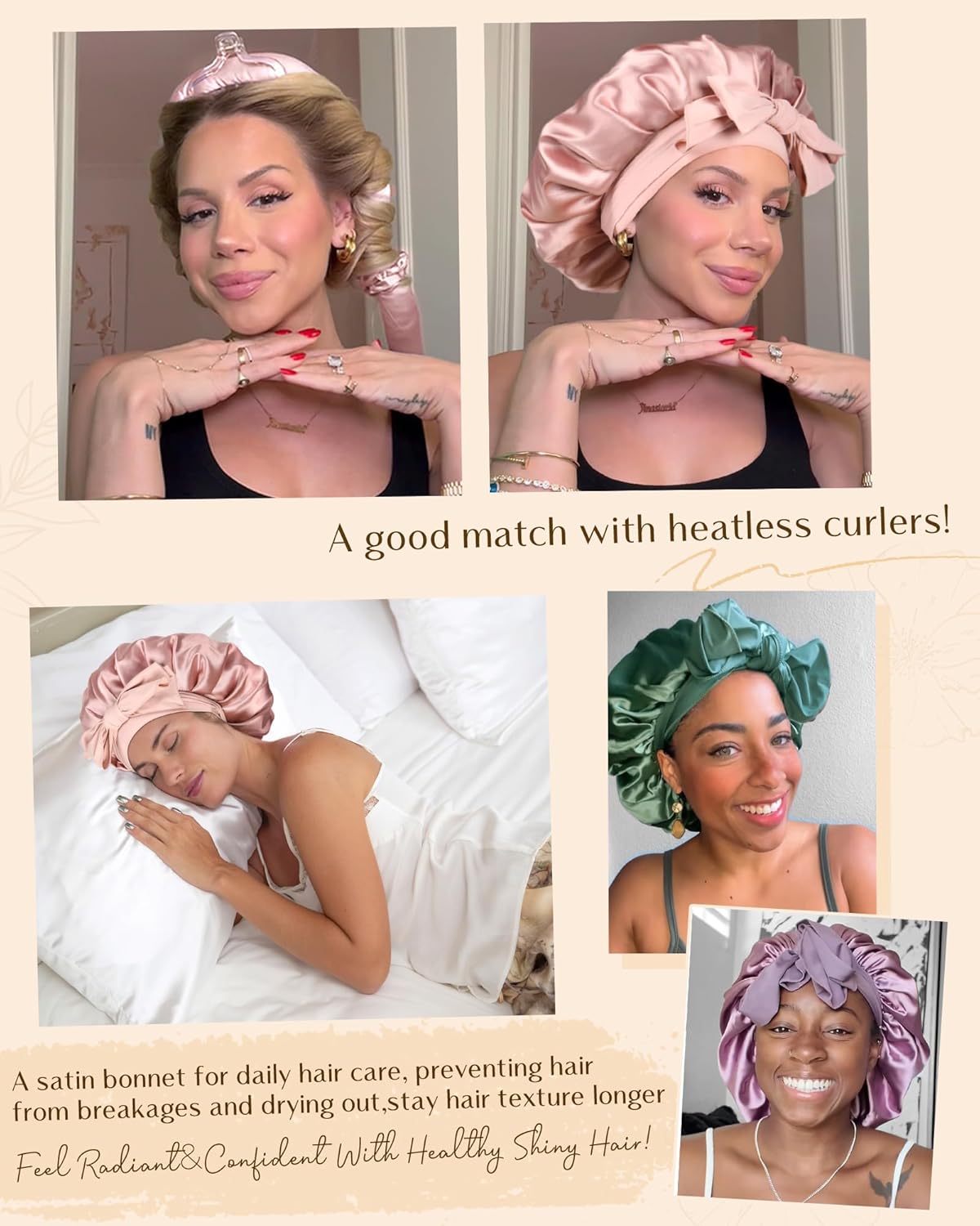 Silk Sleeping Bonnet for Women | Double Layer Satin Lined | Curly Hair, Black