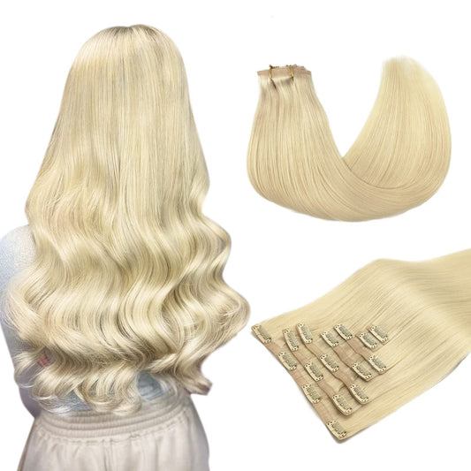 Maxita Clip In Hair Extensions Real Human Hair, Bleach Blonde 110G 7Pcs 22 Inch, Seamless Hair Extensions Clip In Human Hair Rem