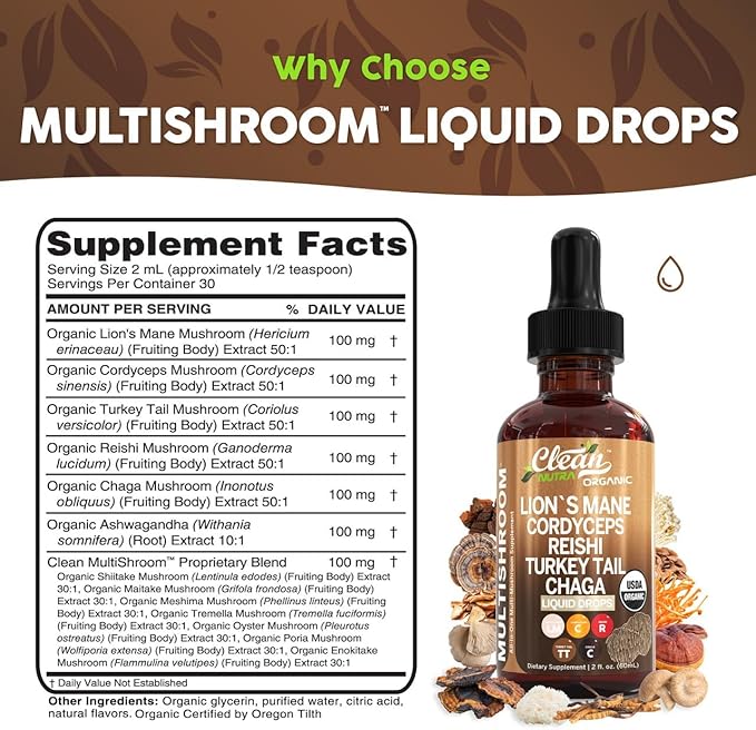 Mushroom Supplement Liquid Drops with Lions Mane Turkey Tail Cordyceps Reishi Chaga Shitake Maitake Tremella Oyster Mushrooms Poria Supplement and Enokitake Mushrooms Complex Blend by Clean Nutra