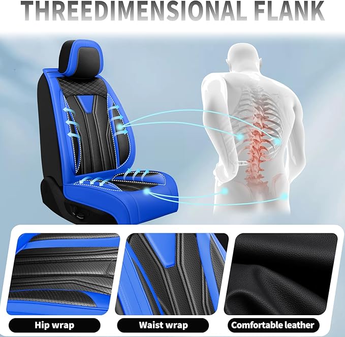 Fit Leaf Car Seat Covers Compatible with Nissan Leaf 2012-2025 2026 - Premium Leather， Waterproof Breathable， All-Weather Seat Cushion Protecto&Airbag Compatible (2 Front Seat Blue&Black)