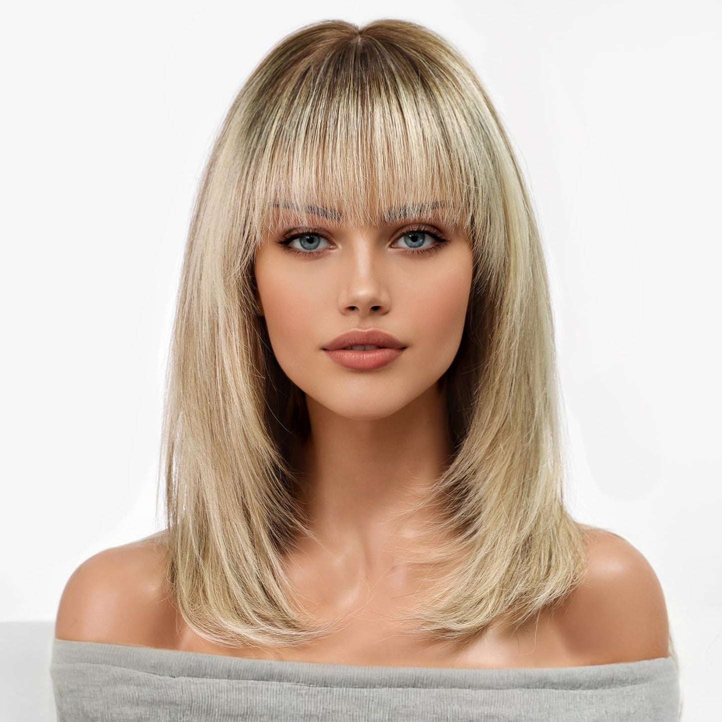 Kku 16 Inch Ombre Blonde Brown Human Hair Wigs For Women,Layered Straight Hair Wig With Bangs,Wear Natural Realism