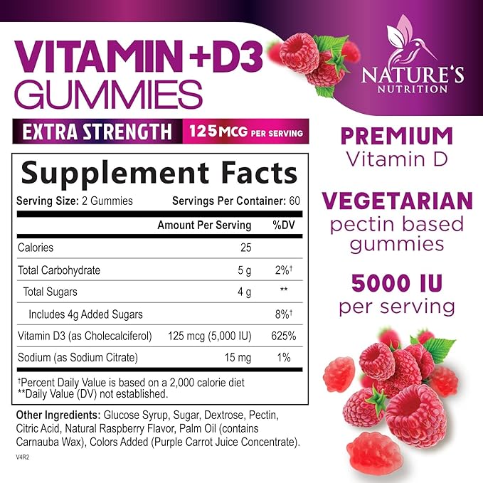 Vitamin D3 Supplement Gummy 5000 IU (125 mcg) Dietary Vitamins D for Men & Women - Bone, Teeth, Muscle and Immune Health Support, High Potency VIT D3 Nature's Non-GMO & Gluten Free - 120 Gummies