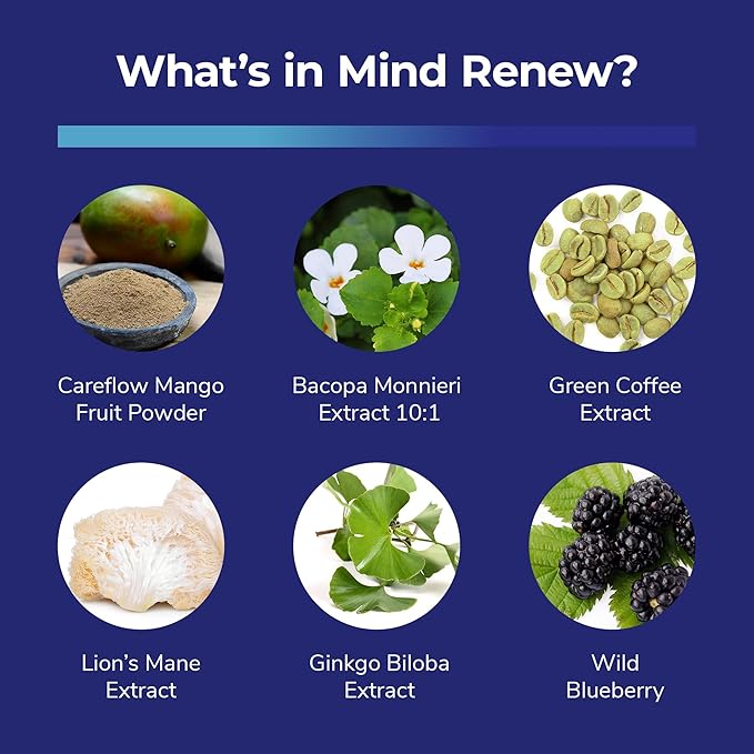 Mind Renew - Brain Supplement Supports Memory, Focus, and Cognition - with Lion's Mane and Ginkgo Biloba Extract - Made in The USA, 60 Capsules