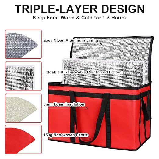 CIVJET 2-Pack Insulated Food Delivery Bag with Hard Bottom, XXX-Large Commercial Food Warmer, Insulated Reusable Grocery Cooler/Hot Bags, Tote Bag for Shopping/Travel, Red