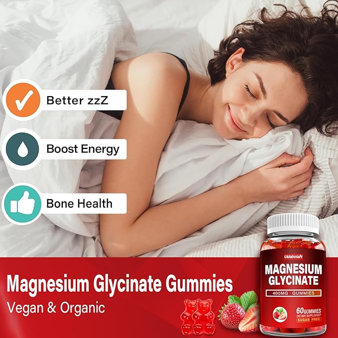 Magnesium Glycinate Gummies 400mg with Ashwagandha, Lemon Balm, CoQ10 for Energy Support & Better Zzz –Sugar Free Magnesium Gummy Supplements for Women and Men- 60 Count