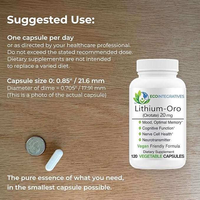 Lithium Oro 20 mg, Supports Healthy Mood Emotional Wellness, Behavior, and Memory. Bioavailable, 100 Caps (Elemental Lithium Orotate)