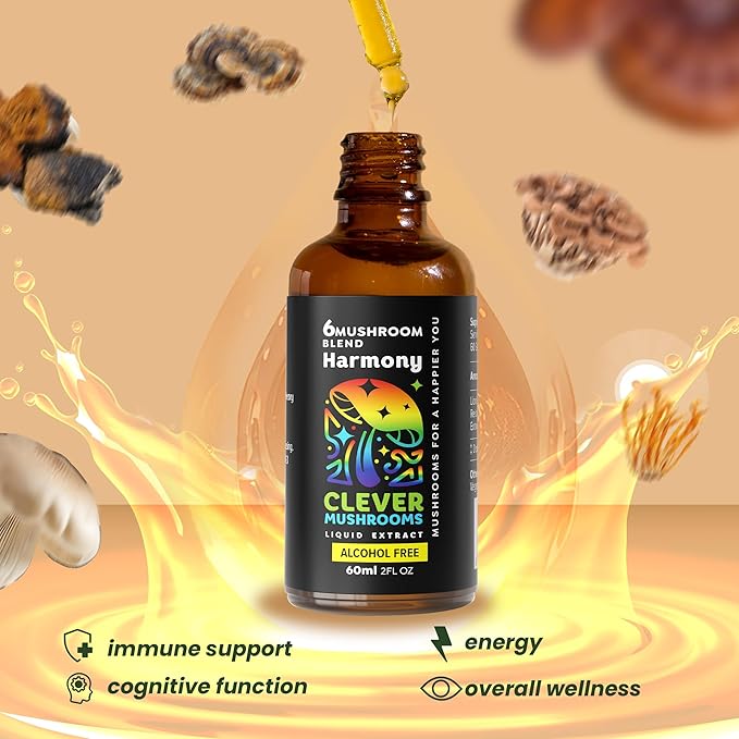 6 Blend Mushroom Liquid Extract - Alcohol Free, Natural Energy, Cognitive Support, Immunity Boost,100% Fruit Bodies, Lion's Mane, Cordyceps, Reishi, Chaga, Turkey Tail, Maitake