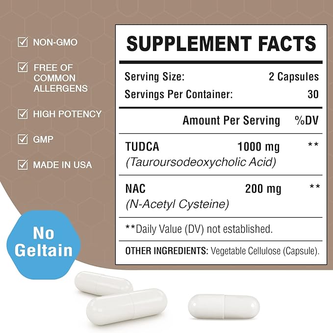 TUDCA with NAC Supplement 1200mg - 180 Capsules,Powerful TUDCA Bile Salt Plus N-Acetyl-Cysteine,Antioxidant Supplements for Liver,Digestion