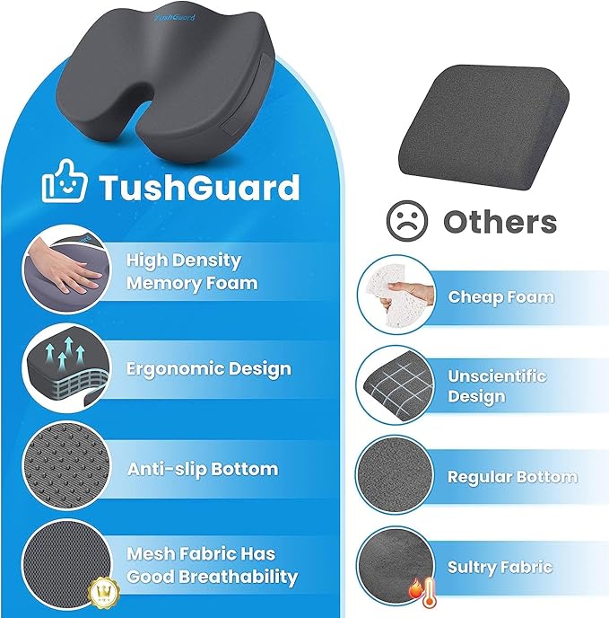 TushGuard Seat Cushion for Office Chair Memory Foam Non-Slip Cushion Back, Relief Chair Pad, Butt Pillow for Office, Car, Computer Desk, Grey, X-Large