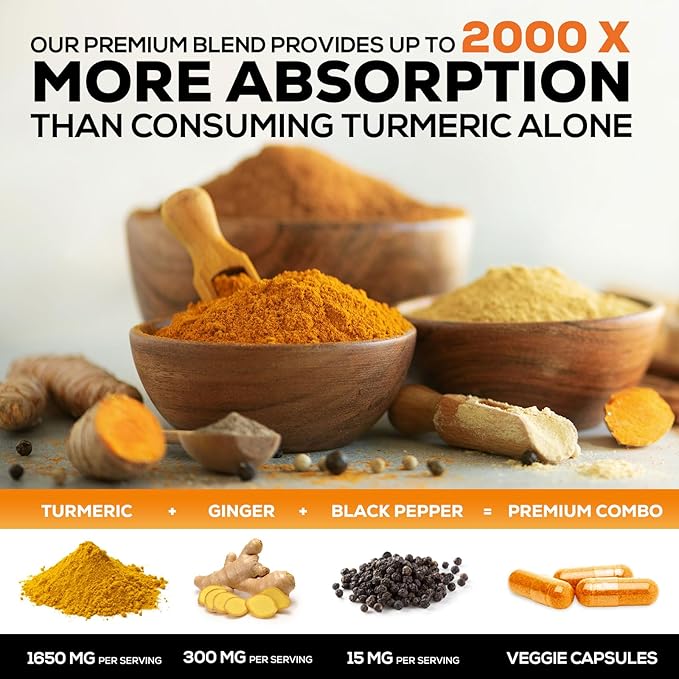 Turmeric Curcumin Supplement 1950mg with Organic Turmeric & Ginger, 95% Curcuminoids, BioPerine Black Pepper for Best Absorption, Nature's Vegan Joint Support, Non-GMO, Bottled in USA - 180 Capsules