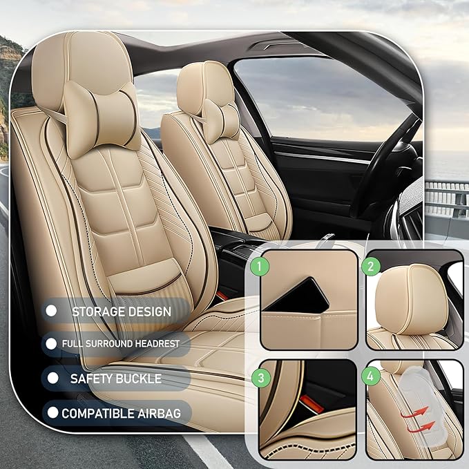 Leather Car Seat Covers Fit for Toyota Prius 2004-2024, 5 Seater Car Seat Cover, Premium Waterproof, Scratch Resistant Car Interior Accessories (Full Set with Pillow Beige)