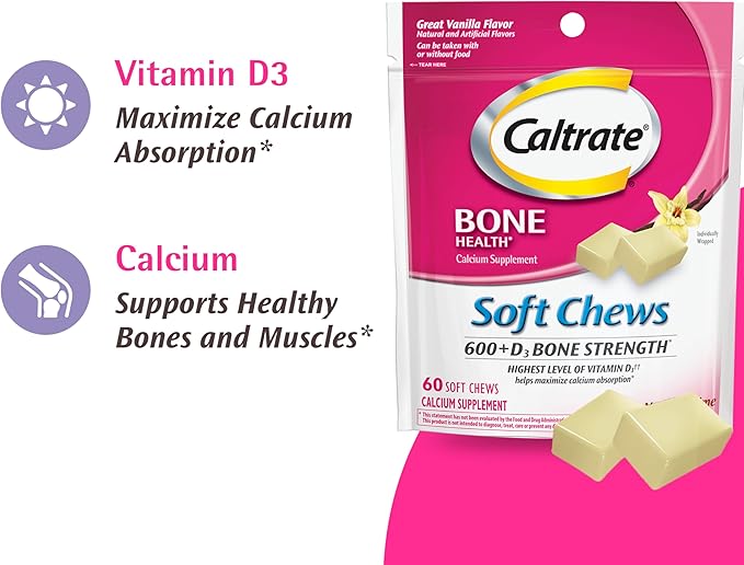 Caltrate Soft Chews 600 Plus D3 Calcium Vitamin D Supplement, Vanilla Creme - 60 Count