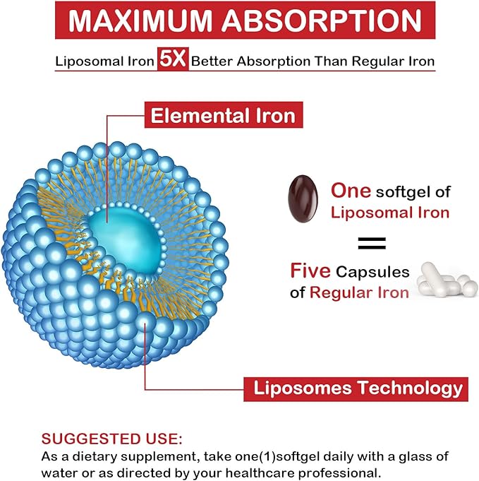 Liposomal Fe Iron Supplement for Women,65 mg Iron Supplements with Folic Acid & Vitamin B12 for Men,Red Blood Cell Production,Energy Support for Adults Iron Deficiency 60 Softgels(1 Bottle)