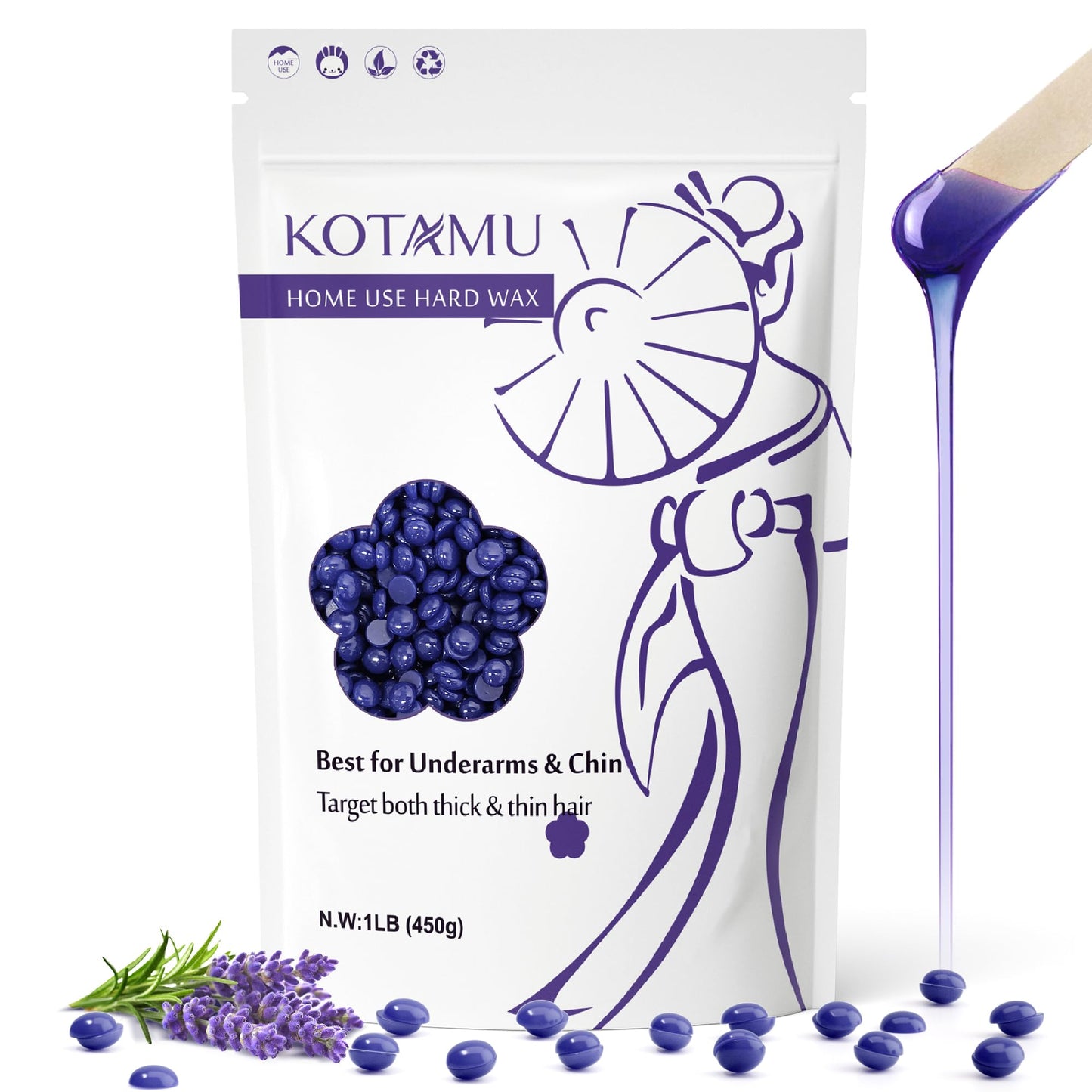 Kotamu Wax Beads For Hair Removal, 1Lb Lavender Hard Wax Beans For Sensitive Skin, Facial, Chin, Underarms, Brazilian Bikini Fac