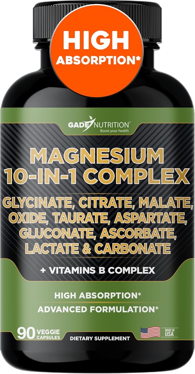 Gade Nutrition Magnesium Complex 10 in 1 with Magnesium Glycinate, Citrate, Malate, Oxide, Taurate, Aspartate, Gluconate Ascorbate Lactate Carbonate Zinc Copper Manganese & Vitamin C B1 B2 B6