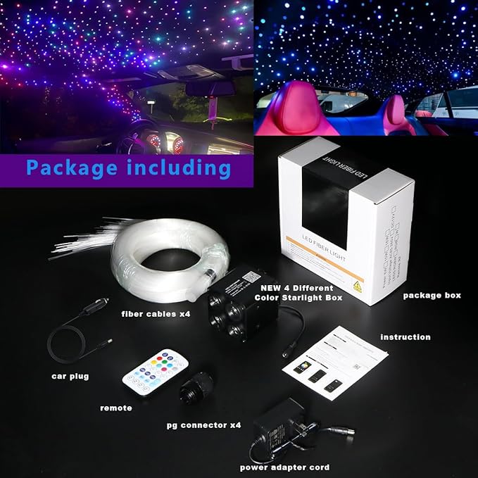 AZIMOM 4Port 36W Twinkle 600pcs 0.03in 9.8ft Fiber Optic Starlight Headliner Kits 4Colors Light Source Sound Activated Remote APP Control Home Indoor Ceiling Car Headliner Decoration