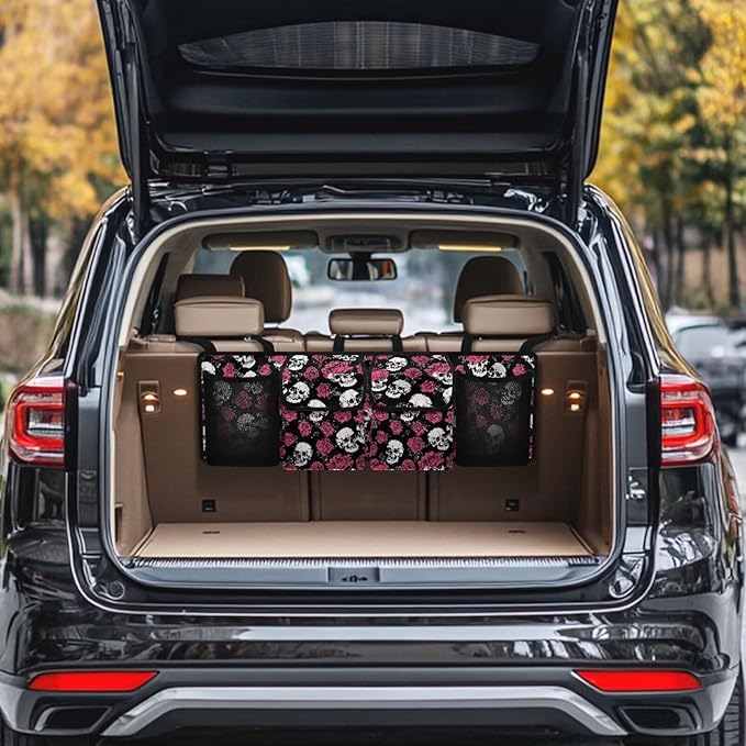 Skull Roses Car Trunk Organizer Bag Hanging Car Back Seat Storage Bag with 4 Pockets Auto Interior Accessories for SUV MPV Sedans Pickup Jeep Trucks