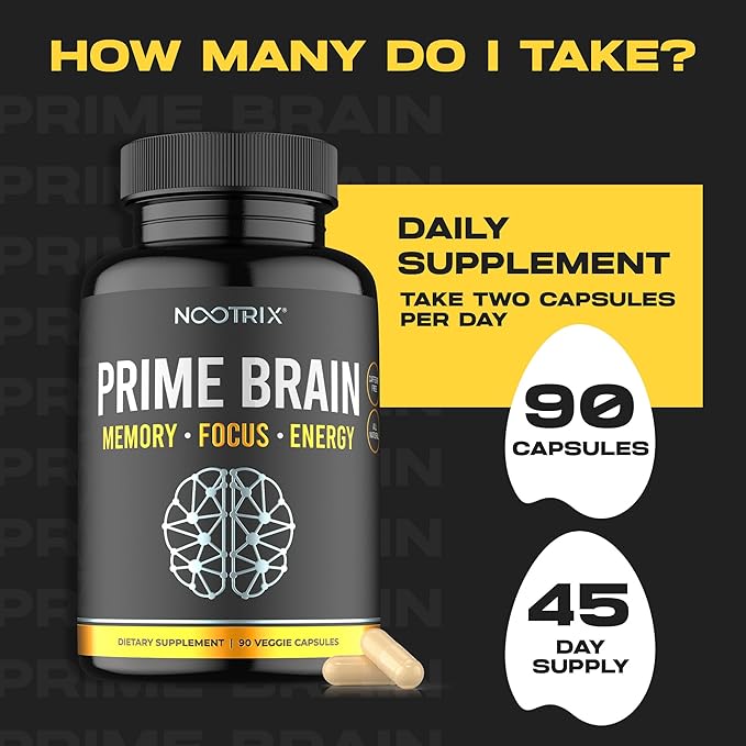 Prime Brain Nootropic Supplement | Supports Memory, Mental Focus, Cognitive Health & Energy | Promotes Healthy Mood & Brain Function | Ginkgo Biloba, Lion's Mane & L Theanine | 90 Capsules