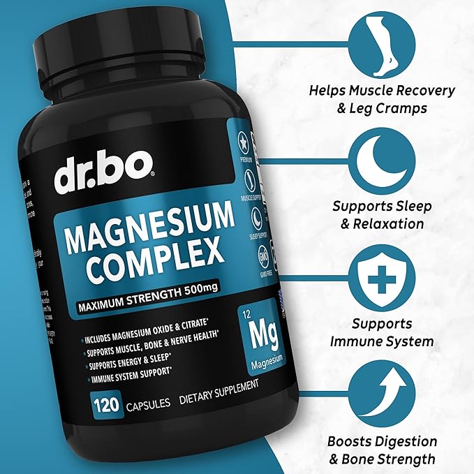 Magnesium Complex Supplement Capsules 500mg - Support Energy, Relaxation, Leg Cramps & Legs - Help Aid Muscle Support Supplements - High Absorption Premium Mag Citrate Oxide - 120 Capsules
