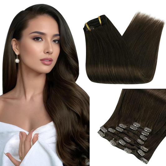 Full Shine Dark Brown Hair Extensions Real Human Hair Clip Ins Double Weft Invisible Clip In Extensions For Long Clip Ins Brown