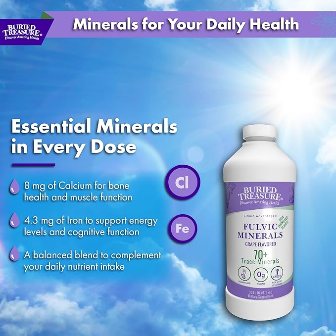 Buried Treasure Fulvic Minerals Grape Flavored – Colloidal Minerals from Humic Fulvic Acid, Electrolytes from Trace Minerals for Recovery and Wellness Support. Add to Water – 32 Servings