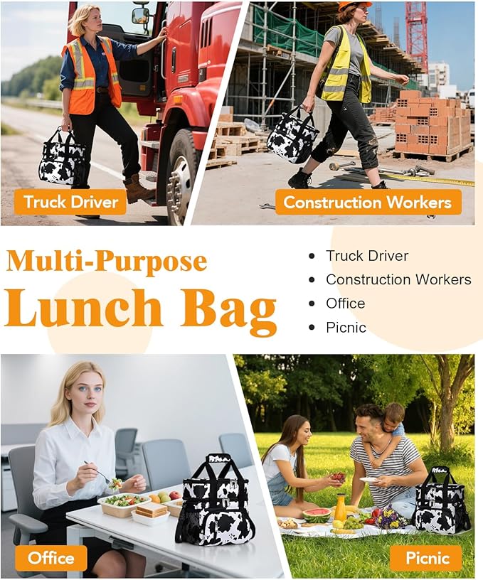 Insulated Lunch Bag for Women, Double Leakproof Lunch Box Soft Cooler Tote with 5 Pockets, 600D Oxford, EVA Lining, Adjustable Strap for Work, Picnic, Beach&Travel-Cow Print