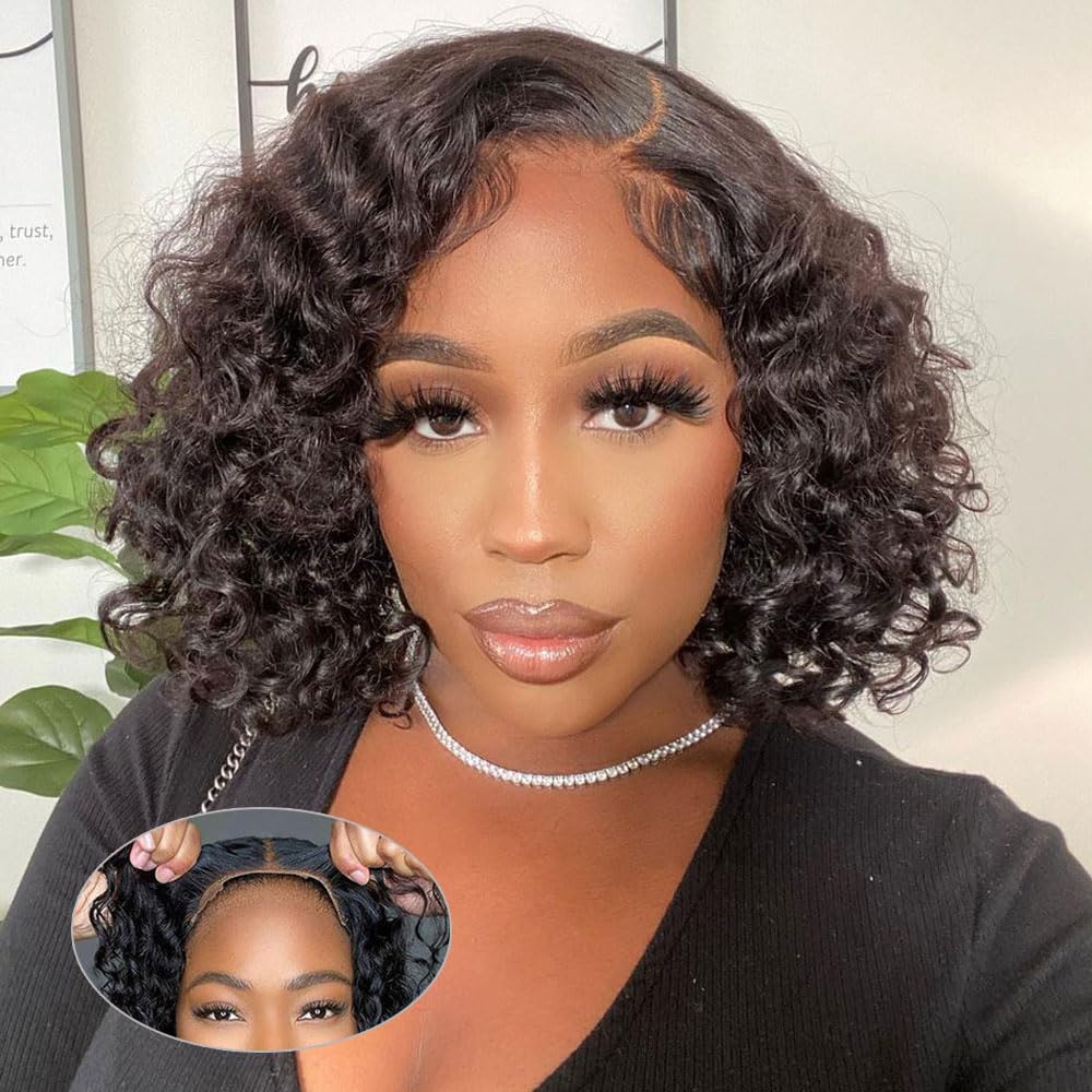 Golfmax 8 Inch Glueless Wigs Human Hair Pre Plucked Pre 4X4 Lace Closure Bob Wigs Human Hair Deep Wave Curly Lace Front Wigs Hum