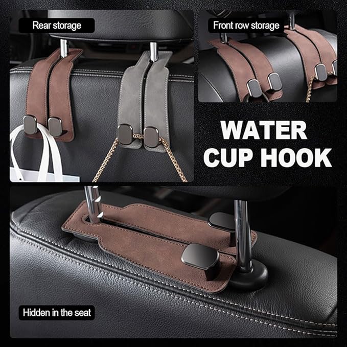 2026 New 2 in 1 Car Seat Back Storage Hook, Car Backseat Organizer Accessories, Premium Leather Headrest Hook for Auto Hooks Organizer for Handbag Purse Coat Bags (2, Brown)