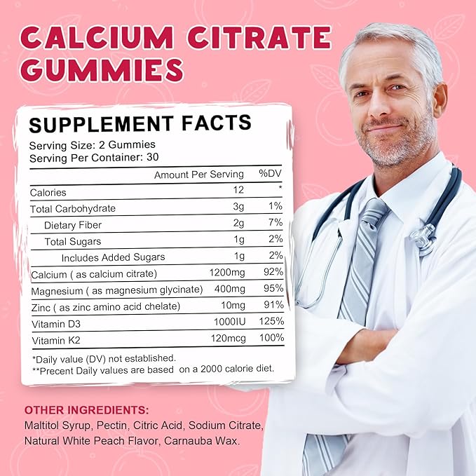 (2 Pack) Calcium Citrate 1200mg with Vitamin D3 Supplements Gummies for Women & Men, Calcium Gummies with Vitamin D3 K2, High Absorption for Bone Muscle Healthy- Peach Flavor- 60 Day Supply