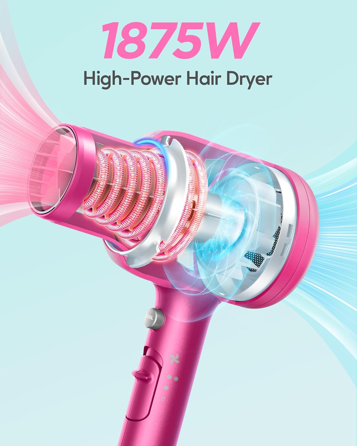 Ionic Hair Dryer for Curly Hair | 1875W Fast Drying | Diffuser & Attachments | Rose Gold