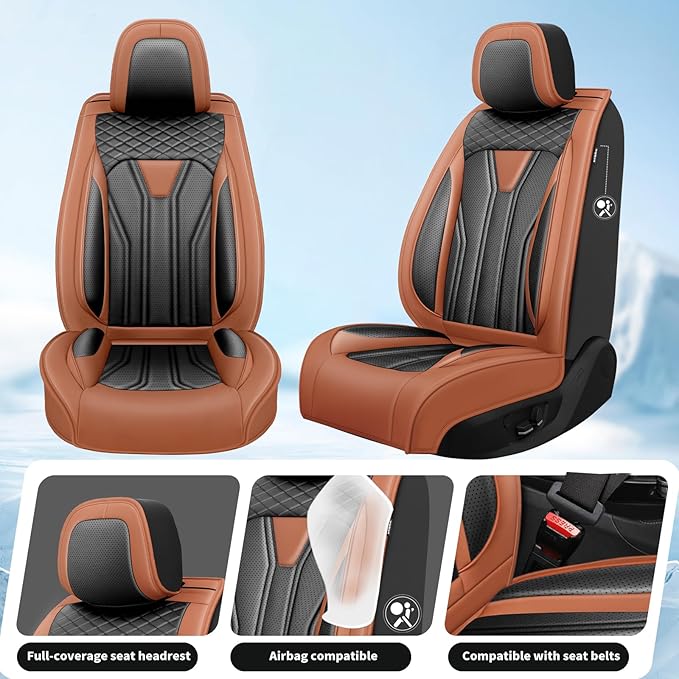 Fit Kona Car Seat Covers for Select Hyundai Kona 2018-2025 2026. Premium Leather, Waterproof， Breathable, Scratch-Resistant & All-Weather Seat Cushion Protector (Full Set, Brown&Black)