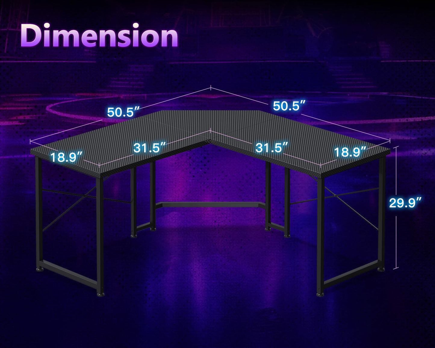 Casaottima L Shaped Gaming Desk, Corner Desk Gaming Table for Home Office, Computer Desk Sturdy Writing Workstation for Small Space, Easy to Assemble, 51 inch, Carbon Fiber Surface, Dark Black