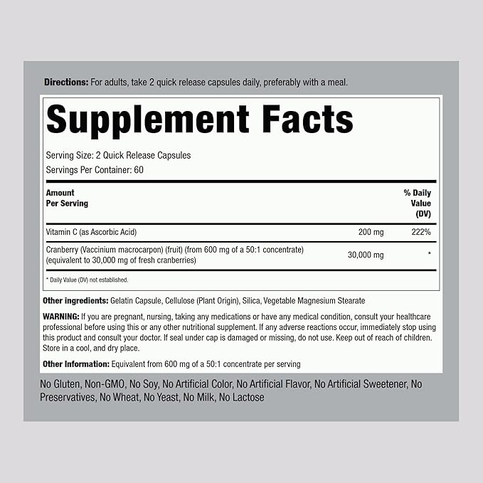 Piping Rock Cranberry Pills | 30,000 mg | 120 Capsules | Supplement for Women & Men | Triple Strength Concentrate Extract Plus Vitamin C | Non-GMO, Gluten Free