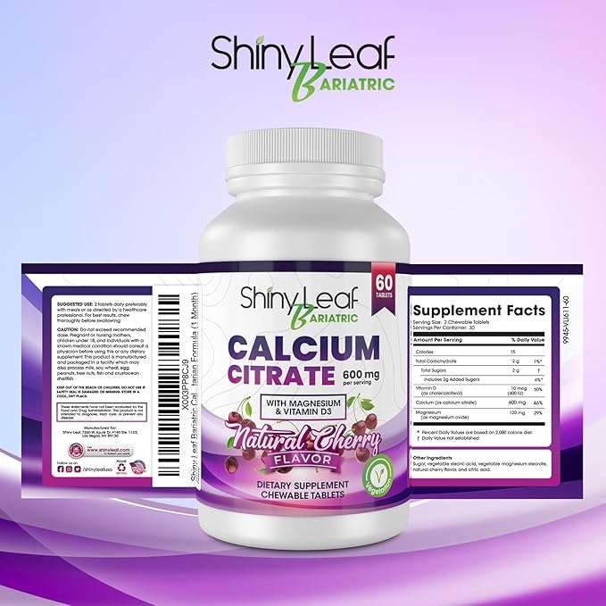 Shiny Leaf Bariatric Calcium Citrate Chews - 600mg, with Vitamin D 3 Plus Magnesium - Chewable Supplements for Women and Men, Bariatric Patients Vitamins for Bone and Joints Health, 180 Count, Cherry