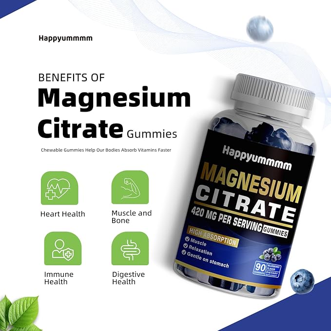Magnesium Citrate Gummies 420mg per Serving - 180 Blueberry Gummies - Promotes Healthy Relaxation, Muscle, Bone, & Energy Support (2 Pack).