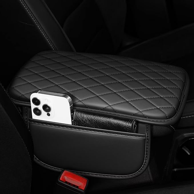 Upgraded Car Center Console Cover Fit for Tacoma Faux Leather Car Armrest Cover Cushion with 2 Storage Bags,Car Armrest Storage Box Interior Accessories(Black)