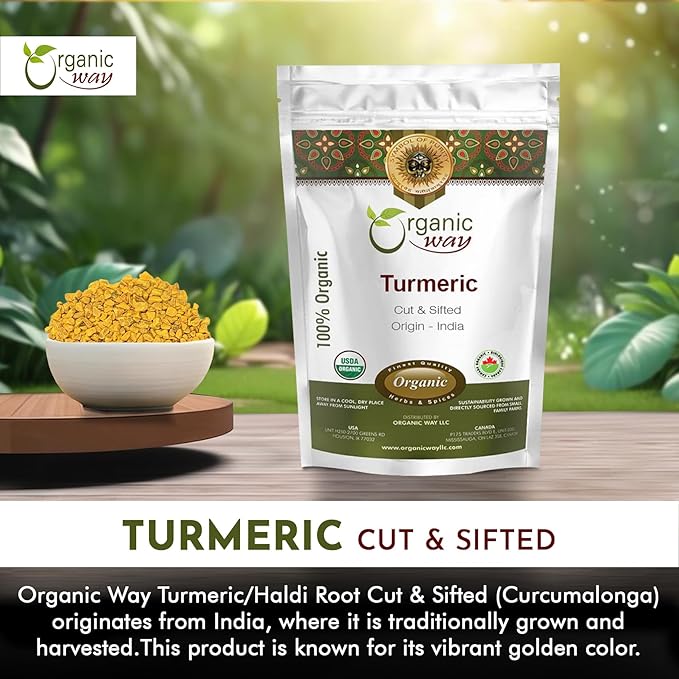 Organic Way Turmeric/Haldi Root Cut & Sifted (Curcuma longa) - Herbal Tea | Kosher & USDA Certified | Vegan, Non-GMO & Gluten Free | Tested for Heavy Metal and Purity | 100% Raw from India (1LBS / 16Oz.)